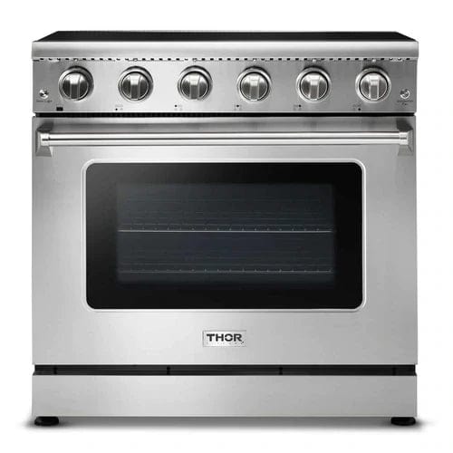 Thor Kitchen 5-Piece Appliance Package - 36-Inch Electric Range, Refrigerator with Water Dispenser, Dishwasher, Microwave Drawer, & Wine Cooler in Stainless Steel I Luxury Appliances Direct