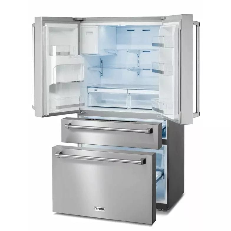 Thor Kitchen 5-Piece Appliance Package - 36-Inch Electric Range, Refrigerator with Water Dispenser, Under Cabinet Hood, Dishwasher, & Microwave Drawer in Stainless Steel I Luxury Appliances Direct