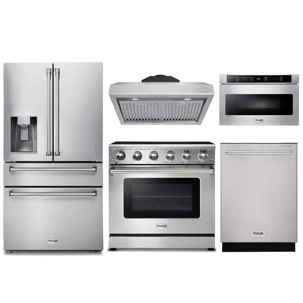 Thor Kitchen 5-Piece Appliance Package - 36-Inch Electric Range, Refrigerator with Water Dispenser, Under Cabinet Hood, Dishwasher, & Microwave Drawer in Stainless Steel Ranges APW5-HRE36 Luxury Appliances Direct