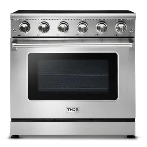 Thor Kitchen 5-Piece Appliance Package - 36-Inch Electric Range, Refrigerator with Water Dispenser, Under Cabinet Hood, Dishwasher, & Wine Cooler in Stainless Steel Appliance Packages APW5-HRE36-WC Luxury Appliances Direct