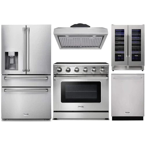 Thor Kitchen 5-Piece Appliance Package - 36-Inch Electric Range, Refrigerator with Water Dispenser, Under Cabinet Hood, Dishwasher, & Wine Cooler in Stainless Steel Ranges APW5-HRE36-WC Luxury Appliances Direct