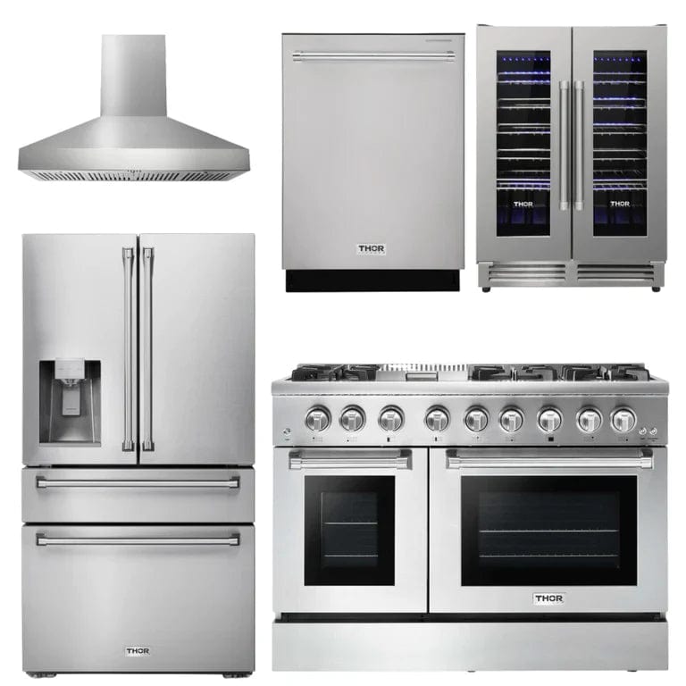Thor Kitchen 5-Piece Appliance Package - 48-Inch Gas Range, Pro Wall Mount Hood, Refrigerator with Water Dispenser, Dishwasher, & Wine Cooler in Stainless Steel Ranges APW5-LRG48C-WC Luxury Appliances Direct