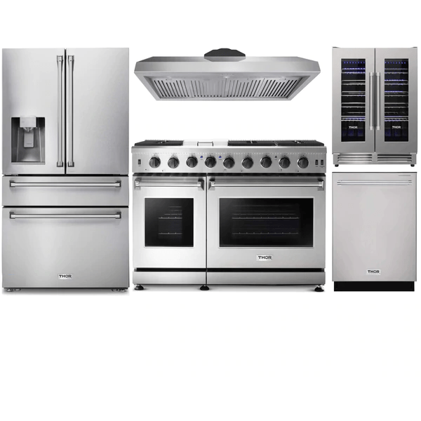 Thor Kitchen 5-Piece Appliance Package - 48-Inch Gas Range, Refrigerator with Water Dispenser, Dishwasher, & Wine Cooler in Stainless Steel Appliance Packages APW5-LRG48-WC Luxury Appliances Direct
