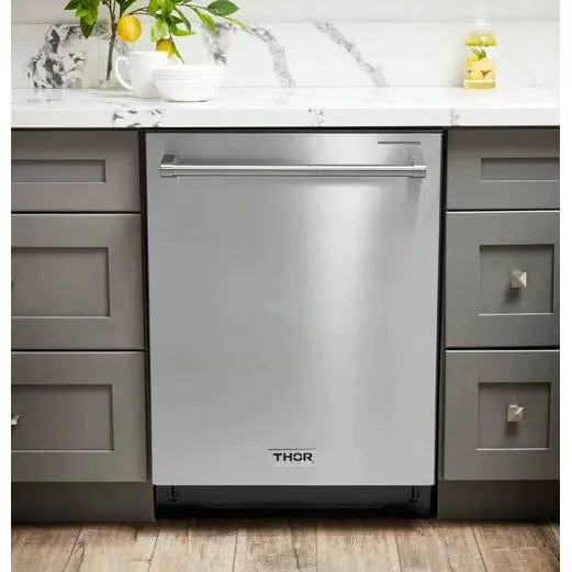 Thor Kitchen 5-Piece Pro Appliance Package - 30-Inch Dual Fuel Range, Refrigerator with Water Dispenser, Under Cabinet Hood, Dishwasher, & Wine Cooler in Stainless Steel Ranges Luxury Appliances Direct