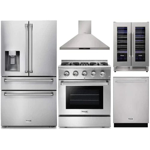Thor Kitchen 5-Piece Pro Appliance Package - 30-Inch Dual Fuel Range, Refrigerator with Water Dispenser, Wall Mount Hood, Dishwasher, & Wine Cooler in Stainless Steel Ranges APW5-HRD30B-WC Luxury Appliances Direct