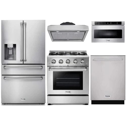 Thor Kitchen 5-Piece Pro Appliance Package - 30-Inch Gas Range, Refrigerator with Water Dispenser, Under Cabinet Hood, Dishwasher, & Microwave Drawer in Stainless Steel Appliance Packages APW5-HRG30 Luxury Appliances Direct