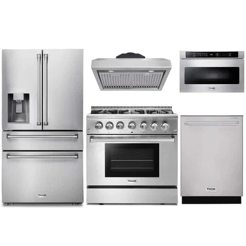 Thor Kitchen 5-Piece Pro Appliance Package - 36-Inch Dual Fuel Range, Refrigerator with Water Dispenser, Under Cabinet Hood, Dishwasher, & Microwave Drawer in Stainless Steel Ranges APW5-HRD36 Luxury Appliances Direct