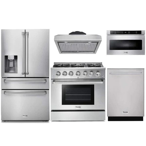 Thor Kitchen 5-Piece Pro Appliance Package - 36-Inch Gas Range, Refrigerator with Water Dispenser, Under Cabinet Hood, Dishwasher, & Microwave Drawer in Stainless Steel Appliance Packages APW5-HRG36 Luxury Appliances Direct