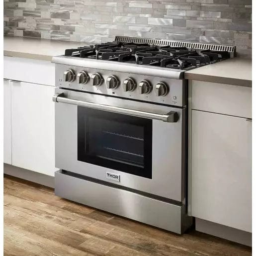 Thor Kitchen 5-Piece Pro Appliance Package - 36-Inch Gas Range, Refrigerator with Water Dispenser, Under Cabinet Hood, Dishwasher, & Wine Cooler in Stainless Steel Ranges Luxury Appliances Direct