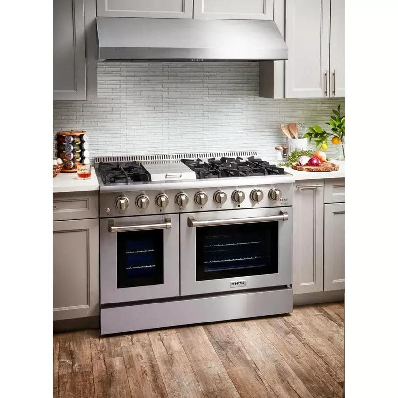 Thor Kitchen 5-Piece Pro Appliance Package - 48-Inch Dual Fuel Range, Under Cabinet Hood, Refrigerator with Water Dispenser, Dishwasher, & Wine Cooler in Stainless Steel I Luxury Appliances Direct