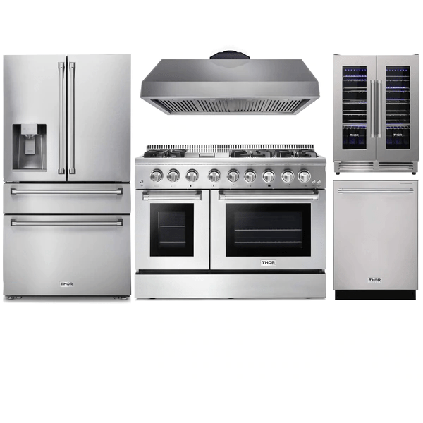 Thor Kitchen 5-Piece Pro Appliance Package - 48-Inch Dual Fuel Range, Under Cabinet Hood, Refrigerator with Water Dispenser, Dishwasher, & Wine Cooler in Stainless Steel Ranges APW5-HRD48-WC Luxury Appliances Direct