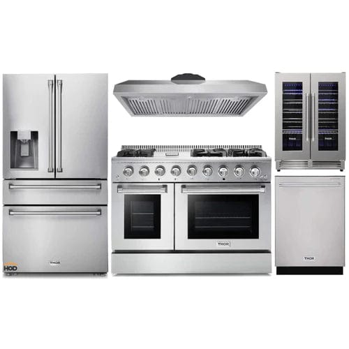 Thor Kitchen 5-Piece Pro Appliance Package - 48-Inch Gas Range, Refrigerator with Water Dispenser, Dishwasher, & Wine Cooler in Stainless Steel Ranges APW5-HRG48-LP-WC Luxury Appliances Direct