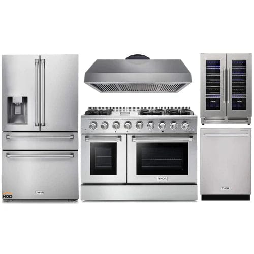 Thor Kitchen 5-Piece Pro Appliance Package - 48-Inch Gas Range, Refrigerator with Water Dispenser, Dishwasher, & Wine Cooler in Stainless Steel Ranges APW5-HRG48B-WC Luxury Appliances Direct
