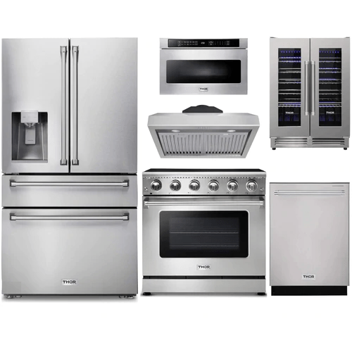 Thor Kitchen 6-Piece Appliance Package - 36-Inch Electric Range, Refrigerator with Water Dispenser, Under Cabinet Hood, Dishwasher, Microwave Drawer, & Wine Cooler in Stainless Steel Ranges APW6-HRE36 Luxury Appliances Direct