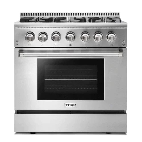 Thor Kitchen 6-Piece Pro Appliance Package - 36-Inch Dual Fuel Range, Refrigerator with Water Dispenser, Under Cabinet Hood, Dishwasher, Microwave Drawer, & Wine Cooler in Stainless Steel Appliance Packages Luxury Appliances Direct