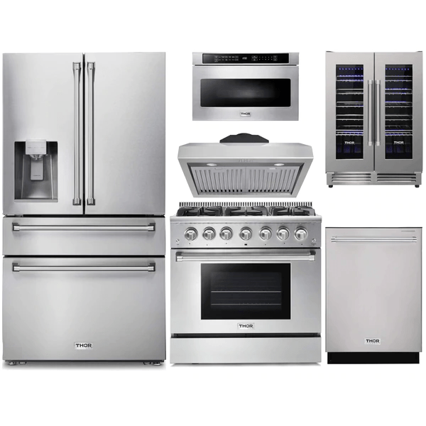 Thor Kitchen 6-Piece Pro Appliance Package - 36-Inch Dual Fuel Range, Refrigerator with Water Dispenser, Under Cabinet Hood, Dishwasher, Microwave Drawer, & Wine Cooler in Stainless Steel Ranges APW6-HRD36 Luxury Appliances Direct