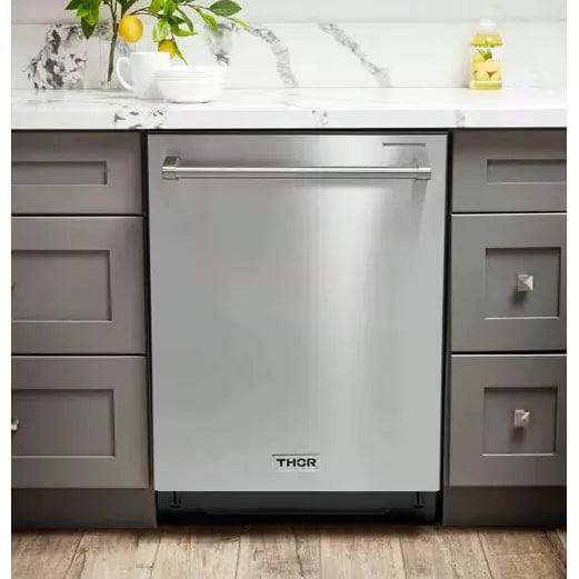 Thor Kitchen 6-Piece Pro Appliance Package - 48-Inch Dual Fuel Range, Refrigerator with Water Dispenser, Dishwasher, Pro Wall Mount Hood, Microwave Drawer, & Wine Cooler in Stainless Steel Ranges Luxury Appliances Direct