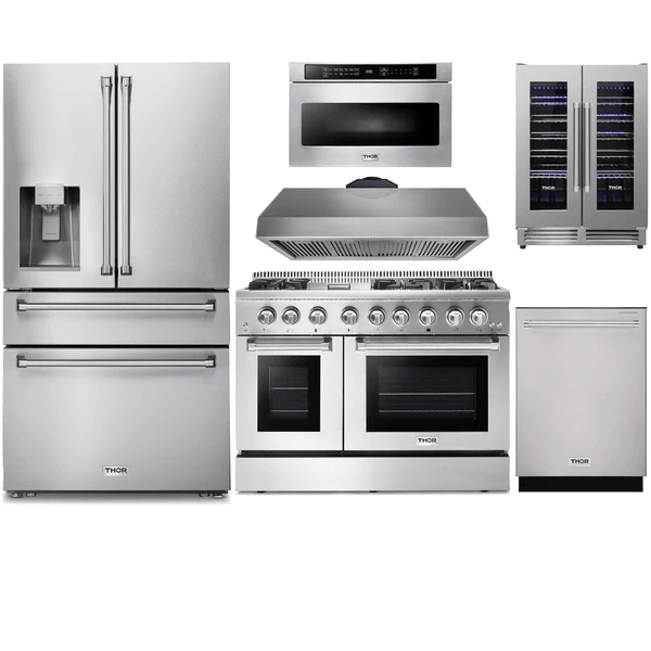 Thor Kitchen 6-Piece Pro Appliance Package - 48-Inch Dual Fuel Range, Refrigerator with Water Dispenser, Dishwasher, Under Cabinet Hood, Microwave Drawer, & Wine Cooler in Stainless Steel Ranges APW6-HRD48 Luxury Appliances Direct
