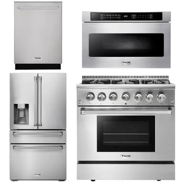 Thor Kitchen Appliance Package - 36 In. Gas Burner/Electric Oven Range, Microwave Drawer, Refrigerator with Water and Ice Dispenser, Dishwasher Appliance Packages AP-HRD3606U-12 Luxury Appliances Direct