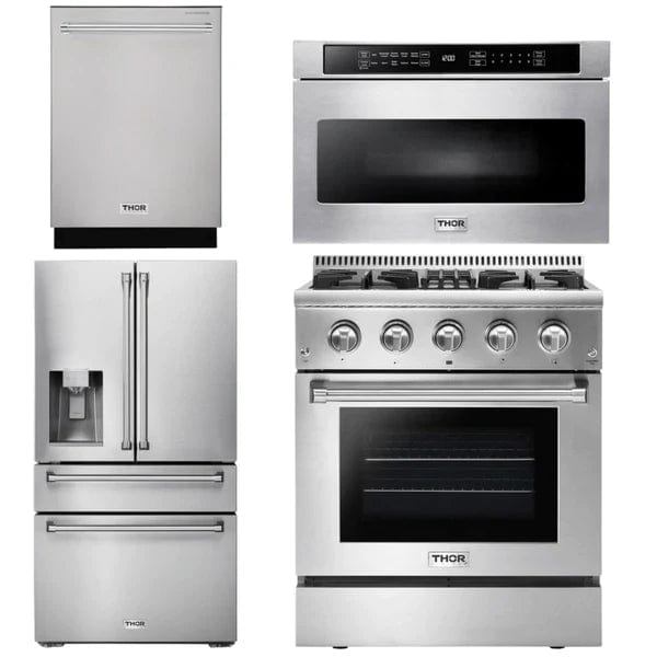 Thor Kitchen Package - 30 in. Gas Burner/Electric Oven Range, Microwave Drawer, Refrigerator with Water and Ice Dispenser, Dishwasher Appliance Packages AP-HRD3088U-12 Luxury Appliances Direct