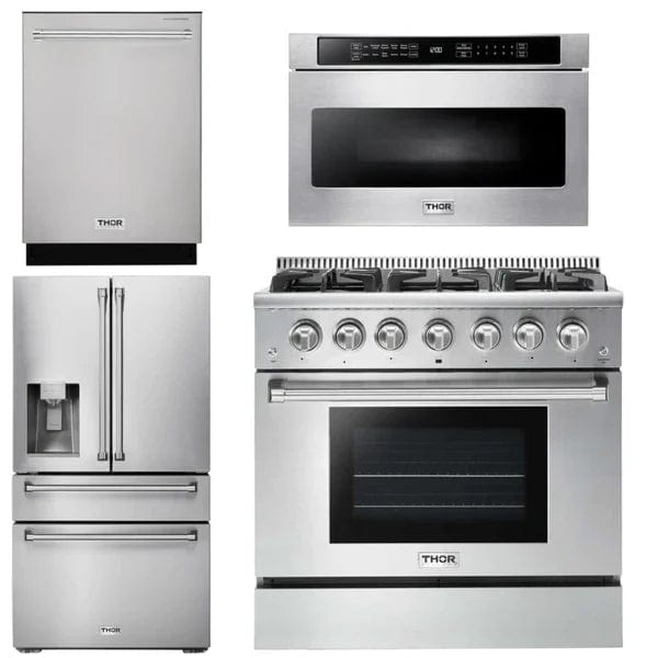 Thor Kitchen Package - 36 in. Natural Gas Range, Microwave Drawer, Refrigerator with Water and Ice Dispenser, Dishwasher Appliance Packages AP-HRG3618U-12 Luxury Appliances Direct