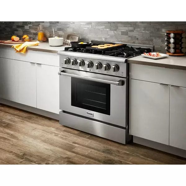 Thor Kitchen Package - 36 in. Propane Gas Range, Microwave Drawer, Refrigerator with Water and Ice Dispenser, Dishwasher Appliance Packages AP-HRG3618ULP-12 Luxury Appliances Direct