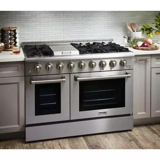 Thor Kitchen Package - 48 In. Dual Fuel Range, Range Hood, Refrigerator with Water and Ice Dispenser, Dishwasher, Microwave Drawer, Wine Cooler Ranges AP-HRD4803U-14 Luxury Appliances Direct