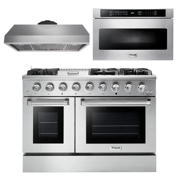 Thor Kitchen Package - 48 in. Gas Range, Range Hood, Microwave Drawer - Stainless Steel Knobs Appliance Packages AP-HRG4808U-5 Luxury Appliances Direct
