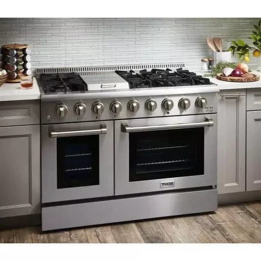 Thor Kitchen Package - 48 In. Propane Gas Burner, Electric Oven Range, Range Hood, Refrigerator with Water and Ice Dispenser, Dishwasher, Microwave Drawer Ranges AP-HRD4803ULP-13 Luxury Appliances Direct