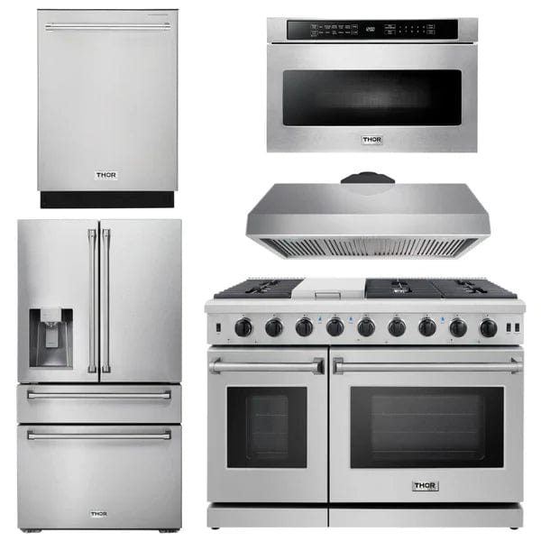 Thor Kitchen Package - 48 in. Propane Gas Range, Range Hood, Dishwasher, Refrigerator with Water and Ice Dispenser, Microwave Drawer Appliance Packages AP-LRG4807ULP-13 Luxury Appliances Direct
