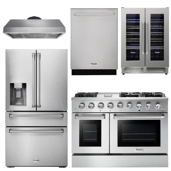 Thor Kitchen Professional Package - 48 in. Propane Gas Range, Range Hood, Refrigerator with Water and Ice Dispenser, Dishwasher, Wine Cooler Appliance Packages AP-HRG4808ULP-11 Luxury Appliances Direct