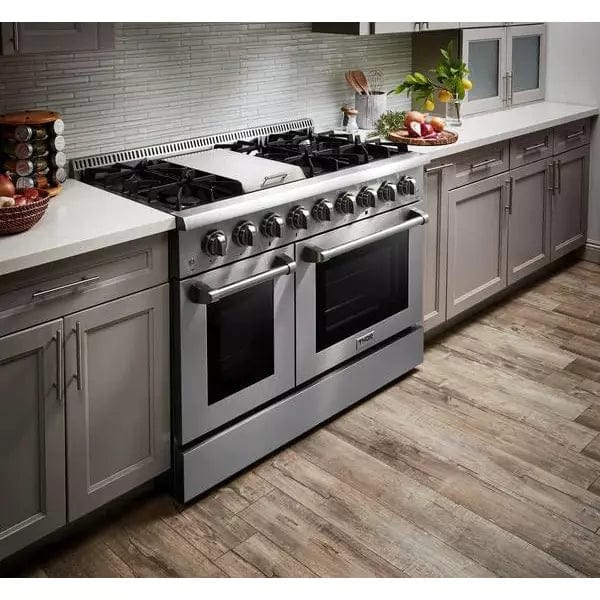 Thor Kitchen Professional Package - 48 in. Propane Gas Range, Range Hood, Refrigerator with Water and Ice Dispenser, Dishwasher, Wine Cooler I Luxury Appliances Direct