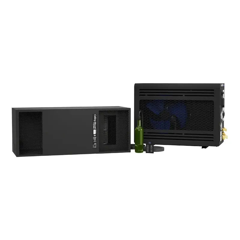 WhisperKOOL Ceiling Mount 4000/8000 wine cellar cooling system with Advanced HE condensing unit and remote controller.