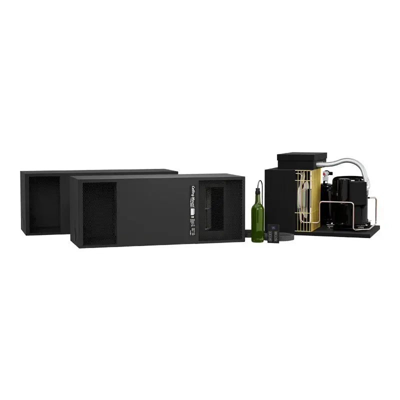WhisperKOOL Ceiling Mount TWIN 9000/12000 wine cellar cooling system with Copeland condensing unit and remote controller.