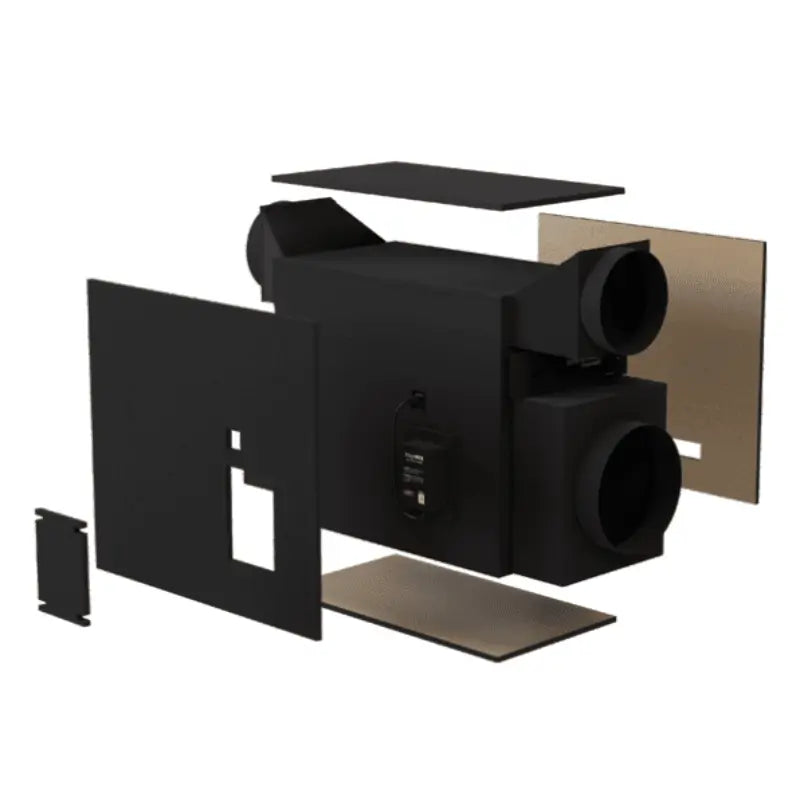 Exploded view of WhisperKOOL Exterior Insulation Kit showing enclosure panels around a ducted wine cellar cooling unit