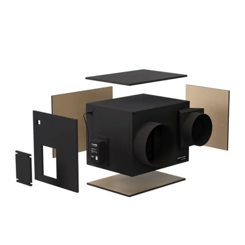 Exploded view of WhisperKOOL Exterior Insulation Kit panels surrounding a single-unit wine cellar cooling system