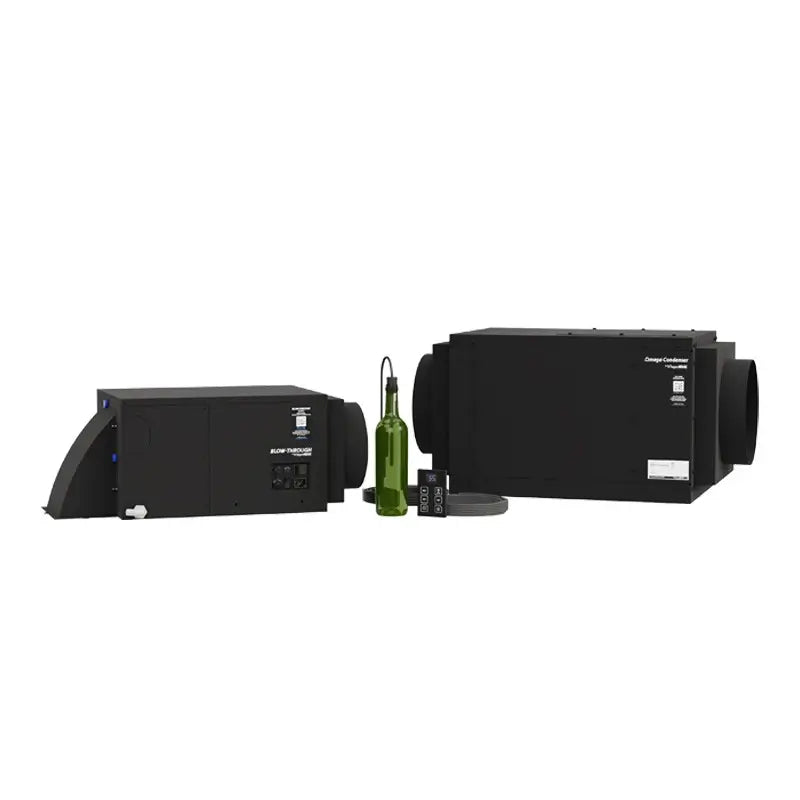 WhisperKOOL Blow Through MINI wine cellar cooling system with OMEGA condensing unit and remote controller.