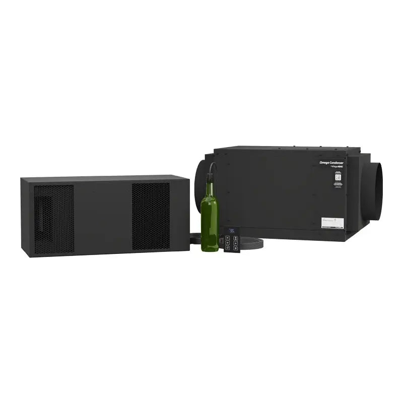 WhisperKOOL Ceiling Mount MINI wine cellar cooling system with OMEGA condensing unit and remote controller.