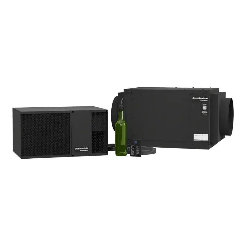 WhisperKOOL Platinum Split MINI wine cellar cooling system with OMEGA condensing unit and remote controller.