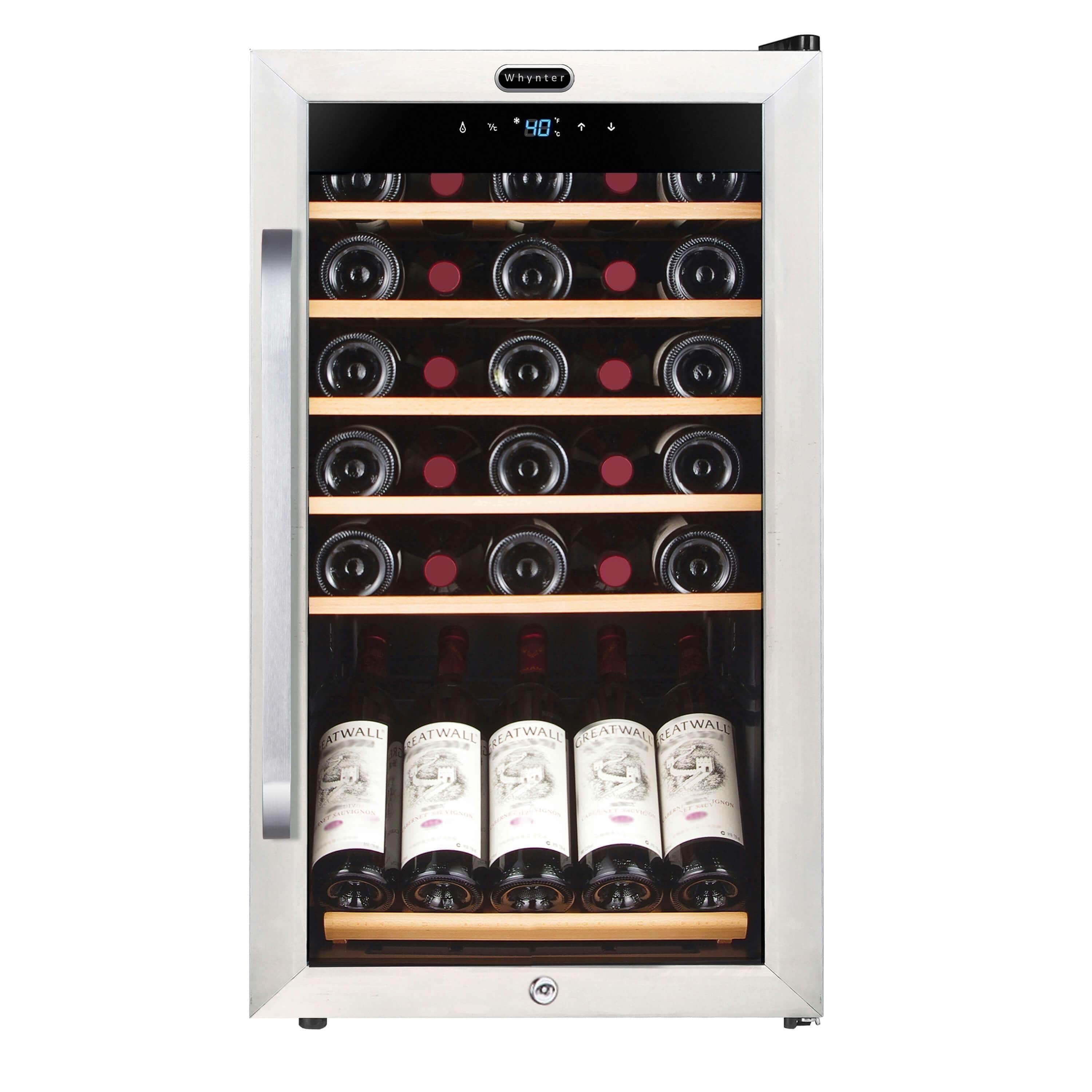 Whynter 34 Bottle Freestanding Stainless Steel Refrigerator with Display Shelf and Digital Control FWC-341TS Wine Coolers FWC-341TS Luxury Appliances Direct